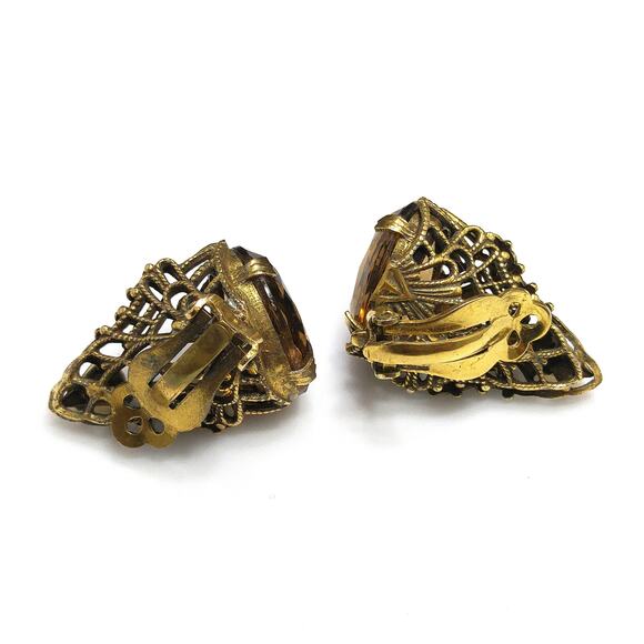 Filigree Topaz Rhinestone Clip Earrings, Large Faceted Glass Bottom, 1960s - Picture 9 of 10